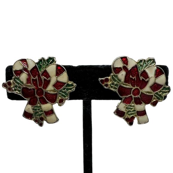Vintage Christmas Candy Cane Earrings Festive Enamel Clip-On Holiday Jewelry Set - Picture 1 of 14
